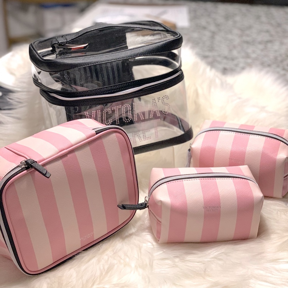 Victoria's Secret Pink and White Striped Cosmetic Bag Set with Clear Carry Case